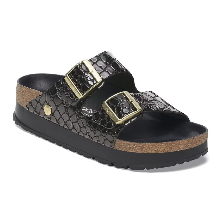 Birkenstock Papillio ARIZONA FLEX PLATFORM 1029045 Noir | Croc Embossed Cuir Vernis Largeur Étroite - Boutique du Cordonnier