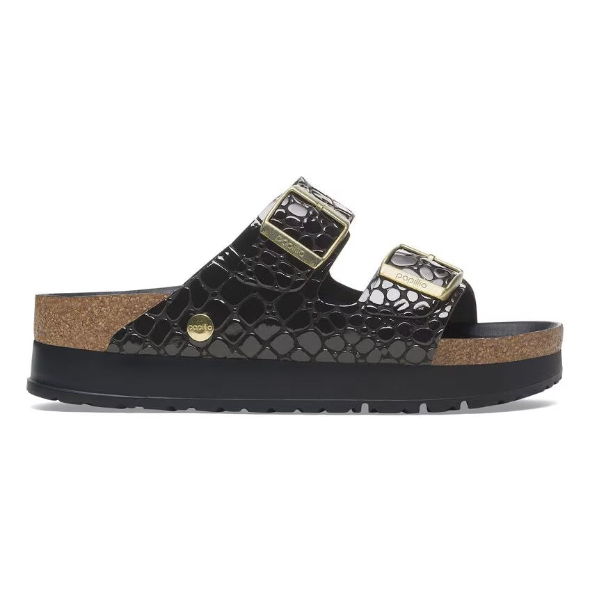 Birkenstock Papillio ARIZONA FLEX PLATFORM 1029045 Noir | Croc Embossed Cuir Vernis Largeur Étroite - Boutique du Cordonnier