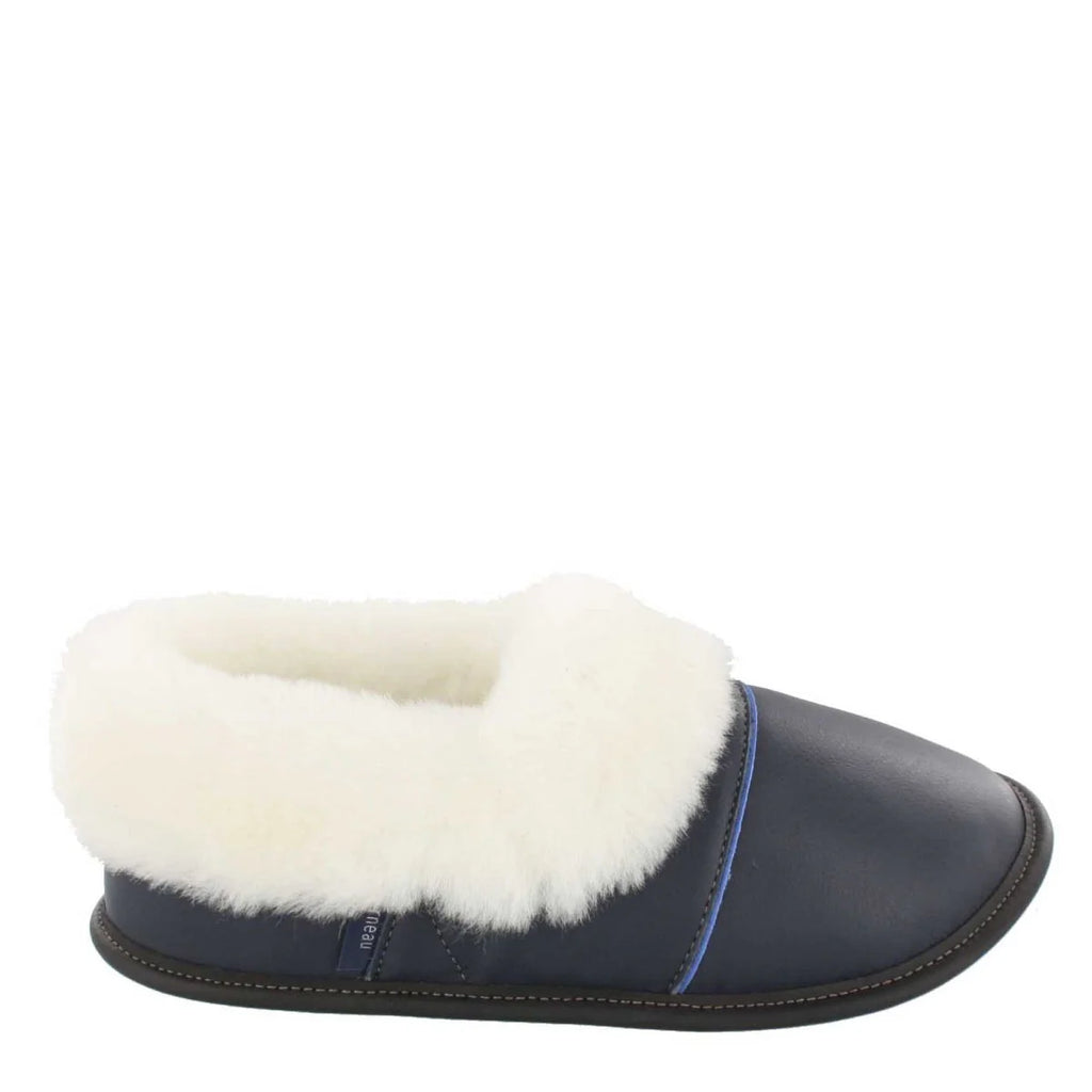 Pantoufles Garneau PARESSEUSE EN CUIR Marine Shearling Blanc pour Femmes - Boutique du Cordonnier