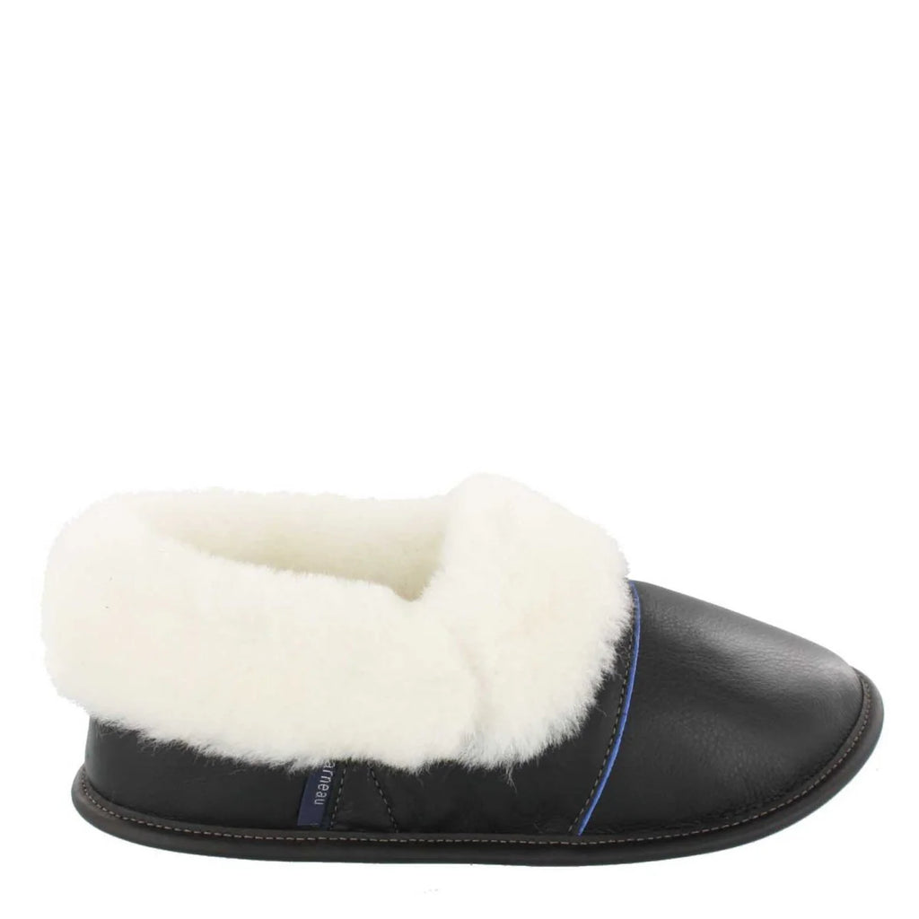 Pantoufles Garneau PARESSEUSE EN CUIR Noir Shearling Blanc pour Femmes - Boutique du Cordonnier