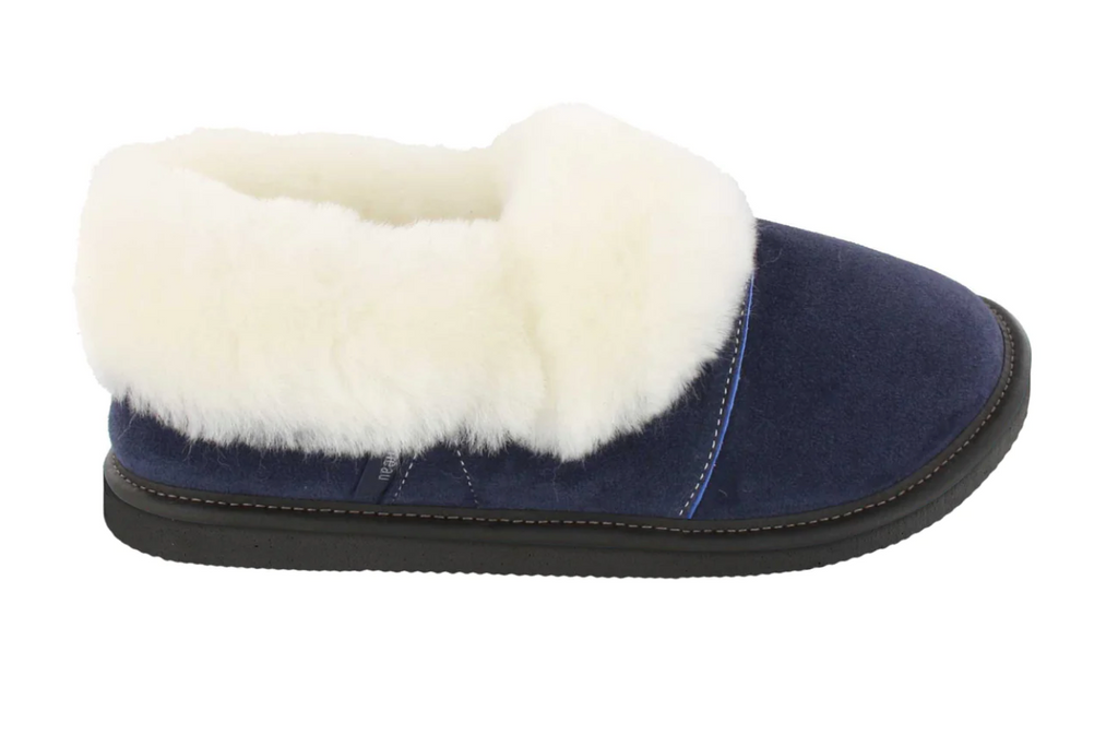 Pantoufles Garneau PARESSEUSE EN SUEDE Marine Shearling Blanc pour femmes EVA - Boutique du Cordonnier