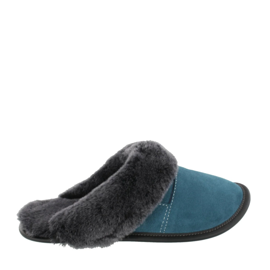 Pantoufles Garneau MULE AVEC COLLET en Suède Aqua Shearling Silverfox - Boutique du Cordonnier