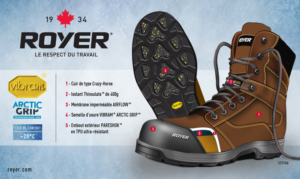 Royer 5727AG AGILITY ARTIC GRIP Brun Botte de travail SANS MÉTAL Isolé -20C Metal Free Safety Boots Assemblé au Canada - Boutique du Cordonnier